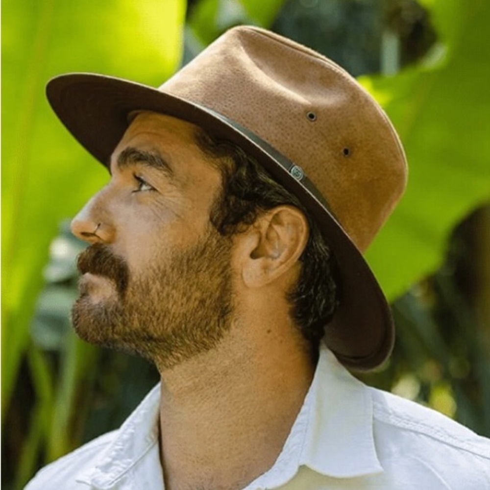 Henschel Brown Genuine Oiled Leather Safari Fedora Hat Medium Distressed